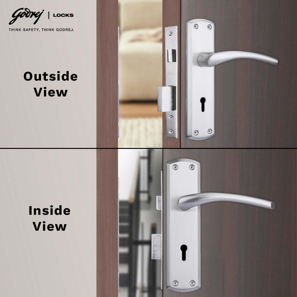 Godrej Mortise Door Lock | ELC 01-6 Levers | Handle Set with 2 Keys | Suitable for Left & Right Handed, Inside & Outside Opening Door Handle Set | Satin Steel Finish | Silver | 5 Years Warranty